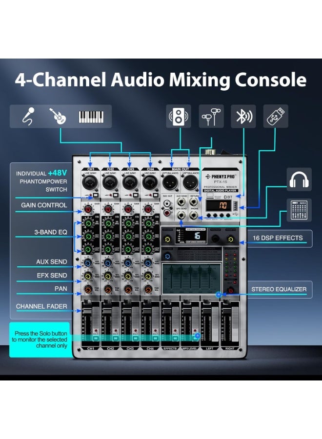 Phenyx Pro PTX-15 Professional Audio Mixer with USB Interface, 4-Channel DJ Sound Console, Stereo EQ, 16 DSP Effects for Stage, Live Performance, Karaoke and Studio - Image 2